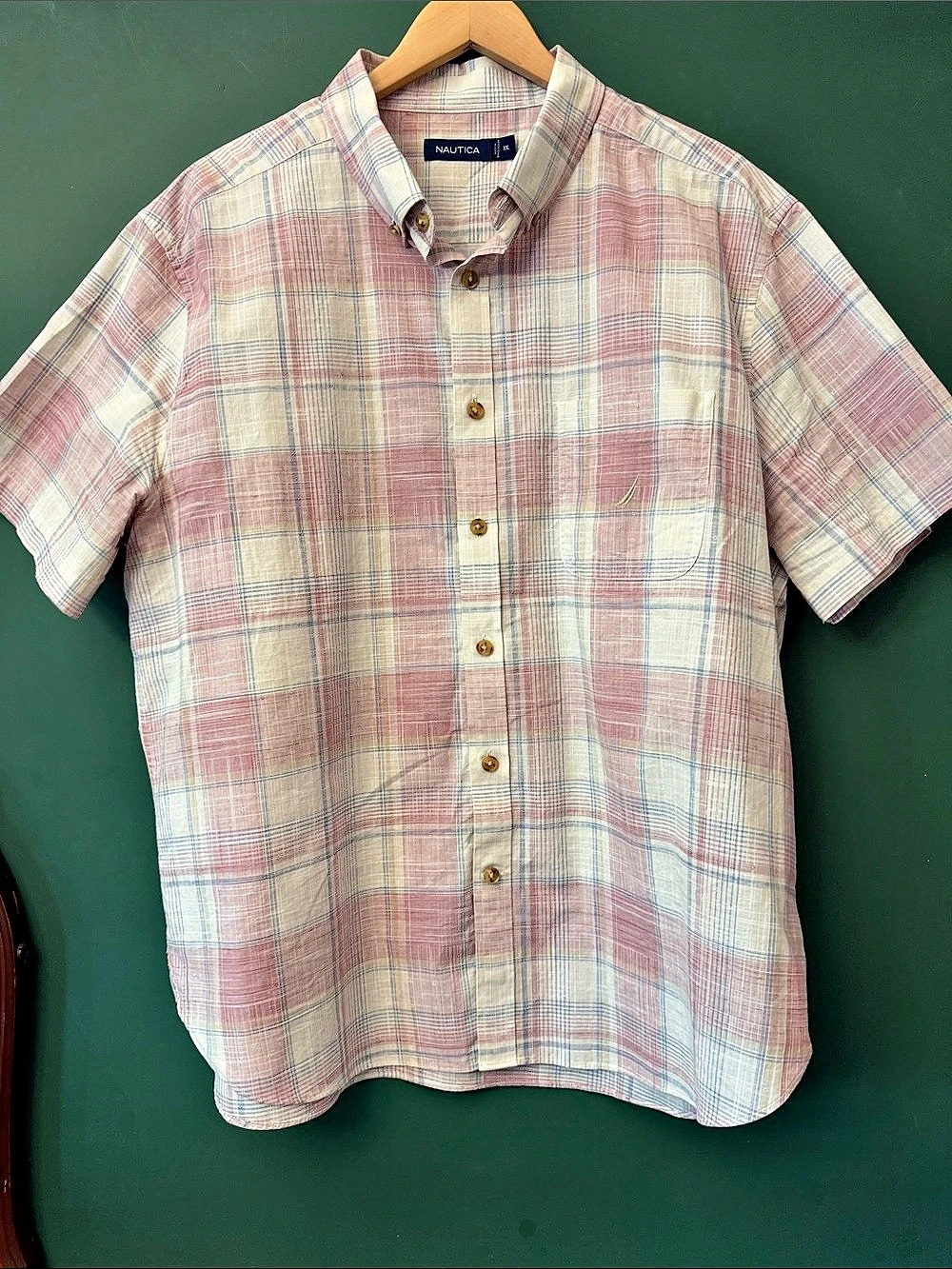 Nautica Red, Cream & Blue Plaid Woven Shirt Men’s XXL 100% Cotton Lightweight